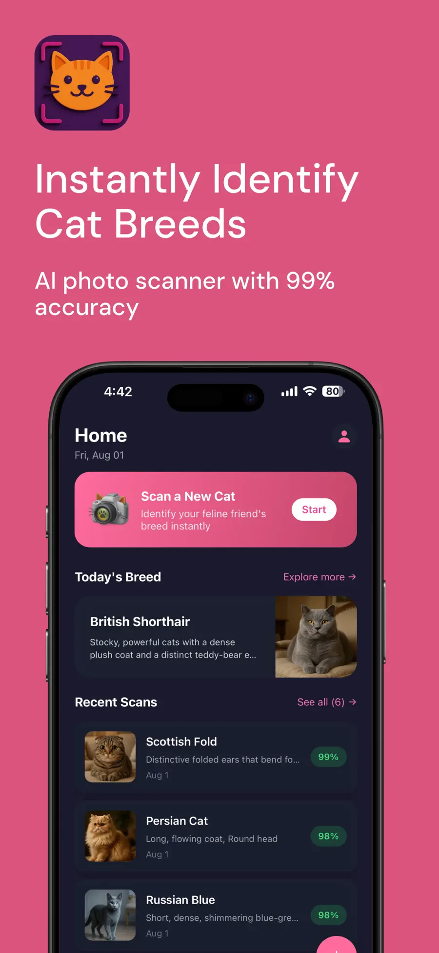 Cat Breed Identifier AI home with a scan action and recent cat scans