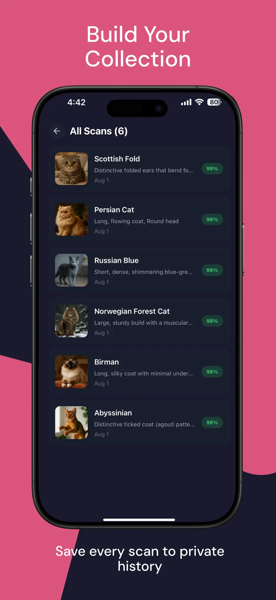 Cat Breed Identifier AI saved scan history
