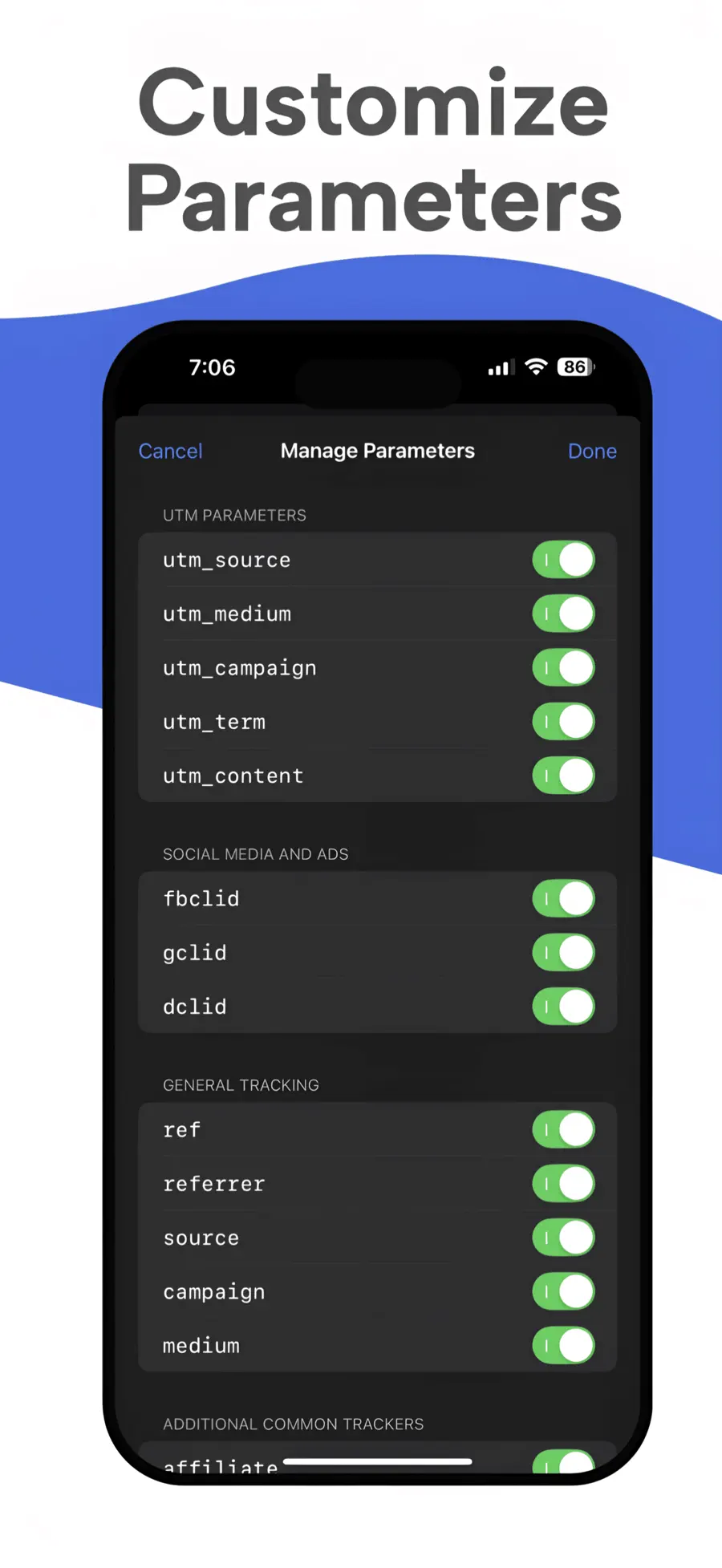 CleanSend Manage Parameters screen with tracking tags
