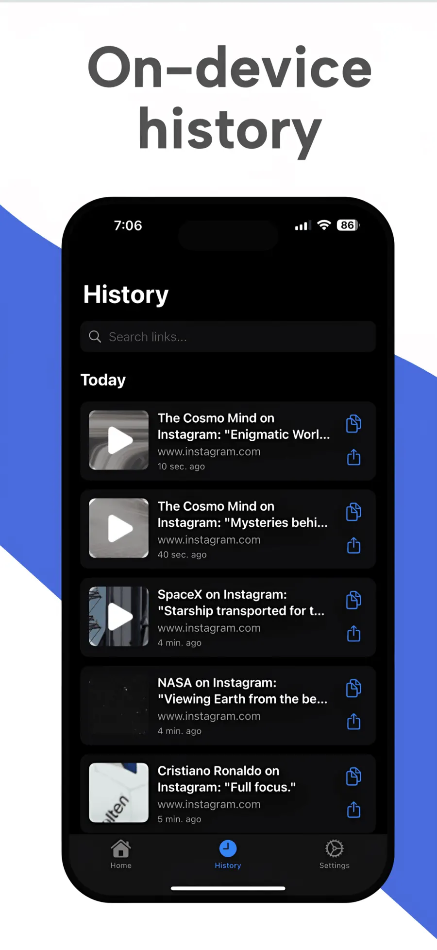 CleanSend on-device history of cleaned links