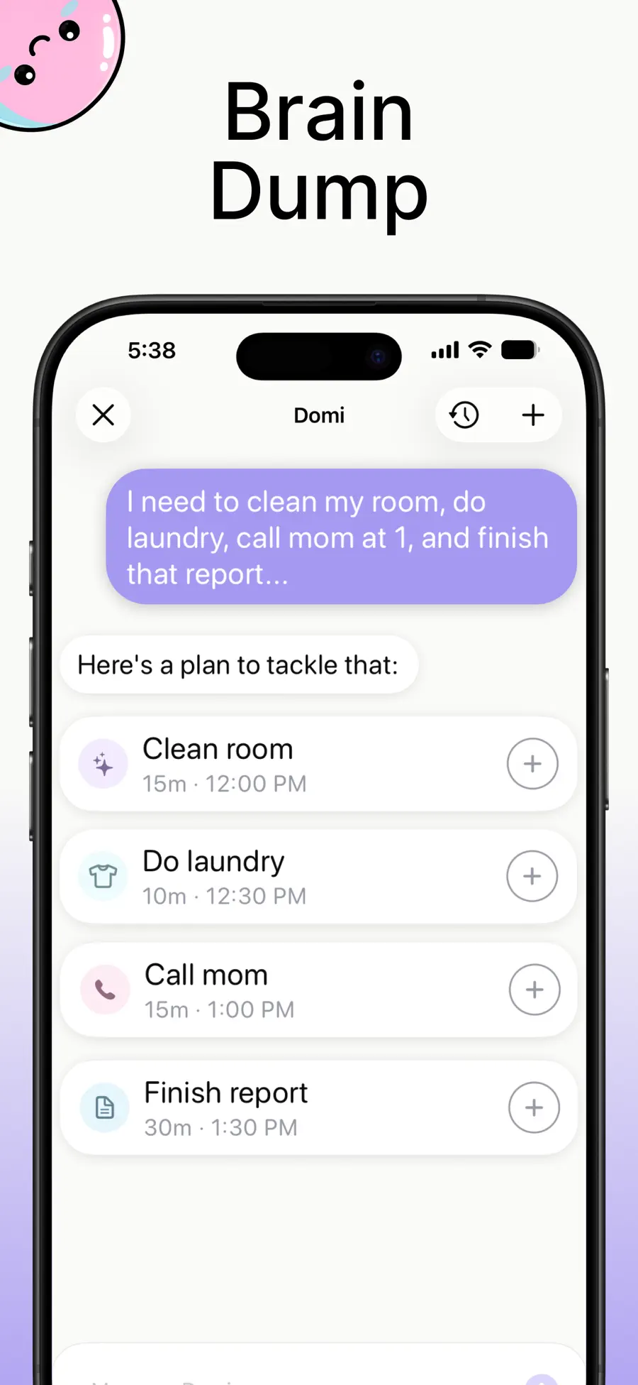 Domi Brain Dump with task suggestions from a planning message