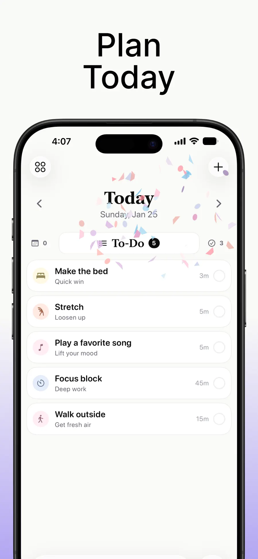 Domi Today view with planned tasks and durations