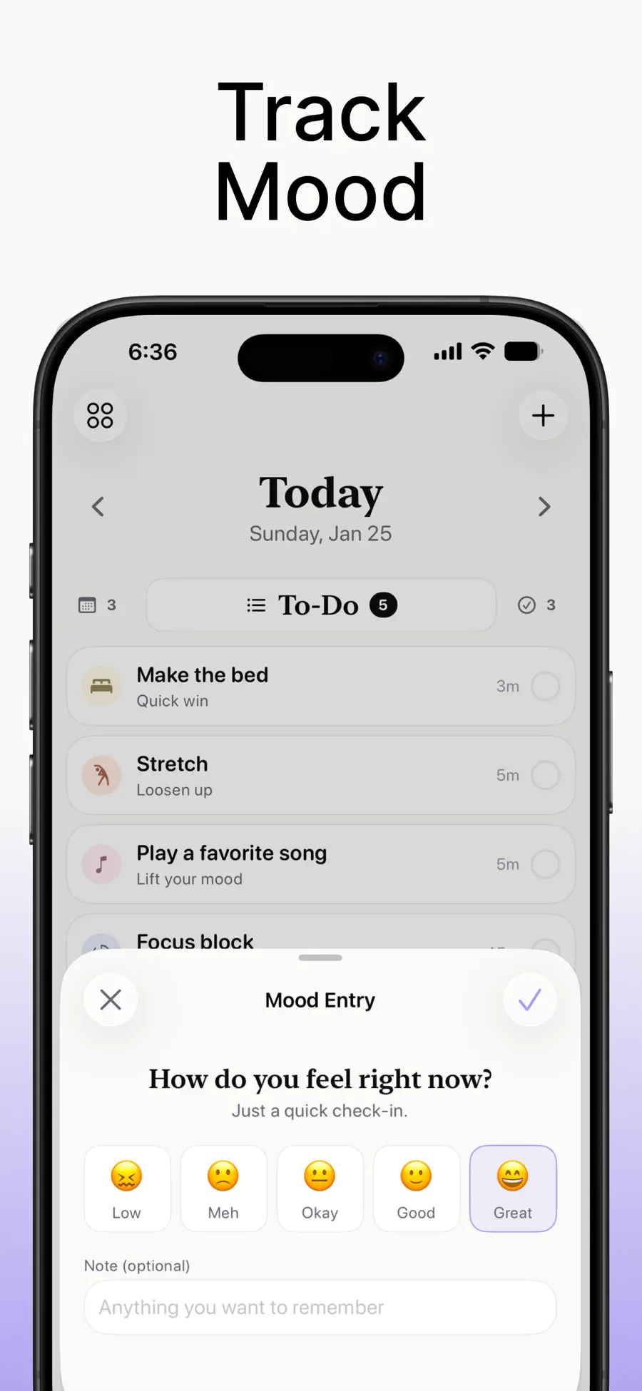 Domi mood entry with emoji choices and a note field