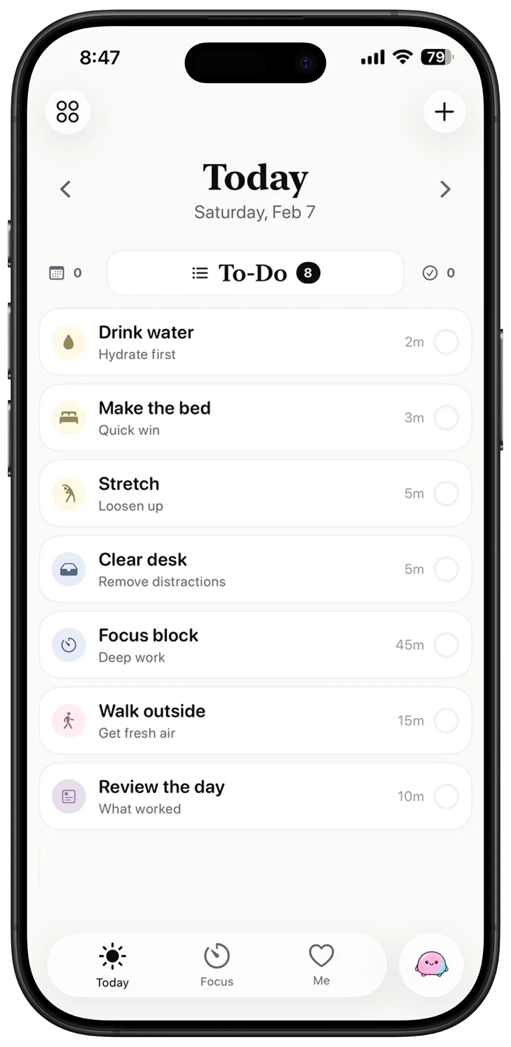 Domi Today screen with individual tasks and estimated durations