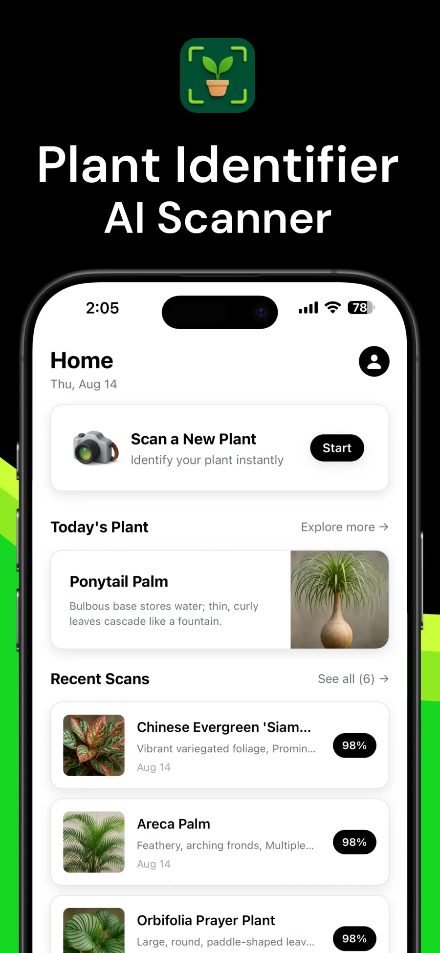 Plant Identifier home with a scan action, Plant of the Day, and recent scans