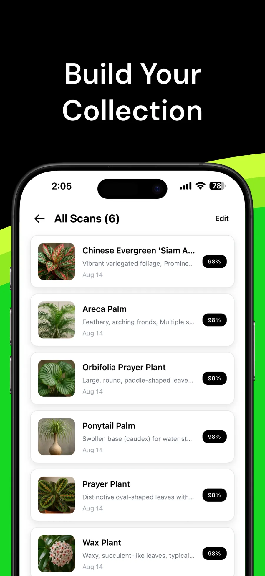 Plant Identifier collection of saved scans