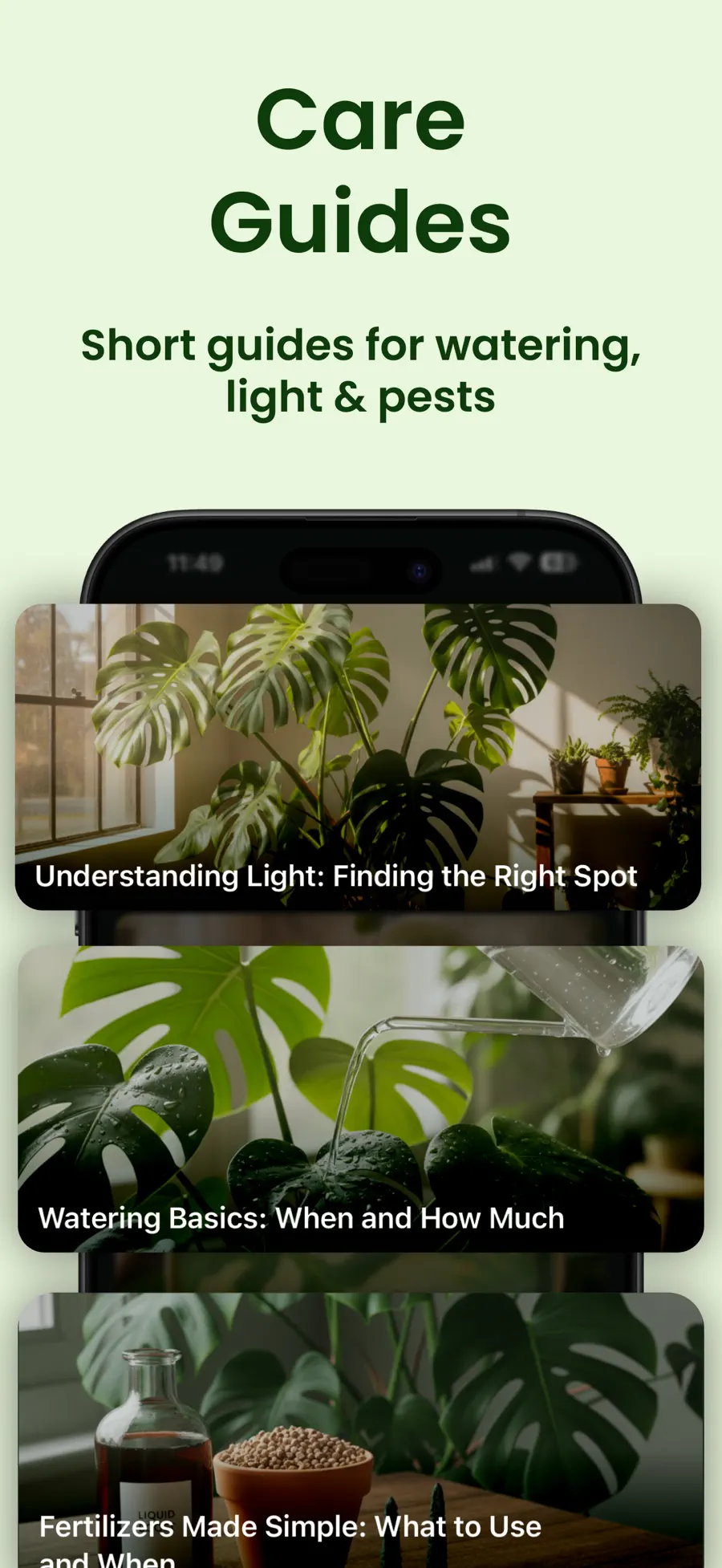 Planthy care guides for light, watering, and fertilizing