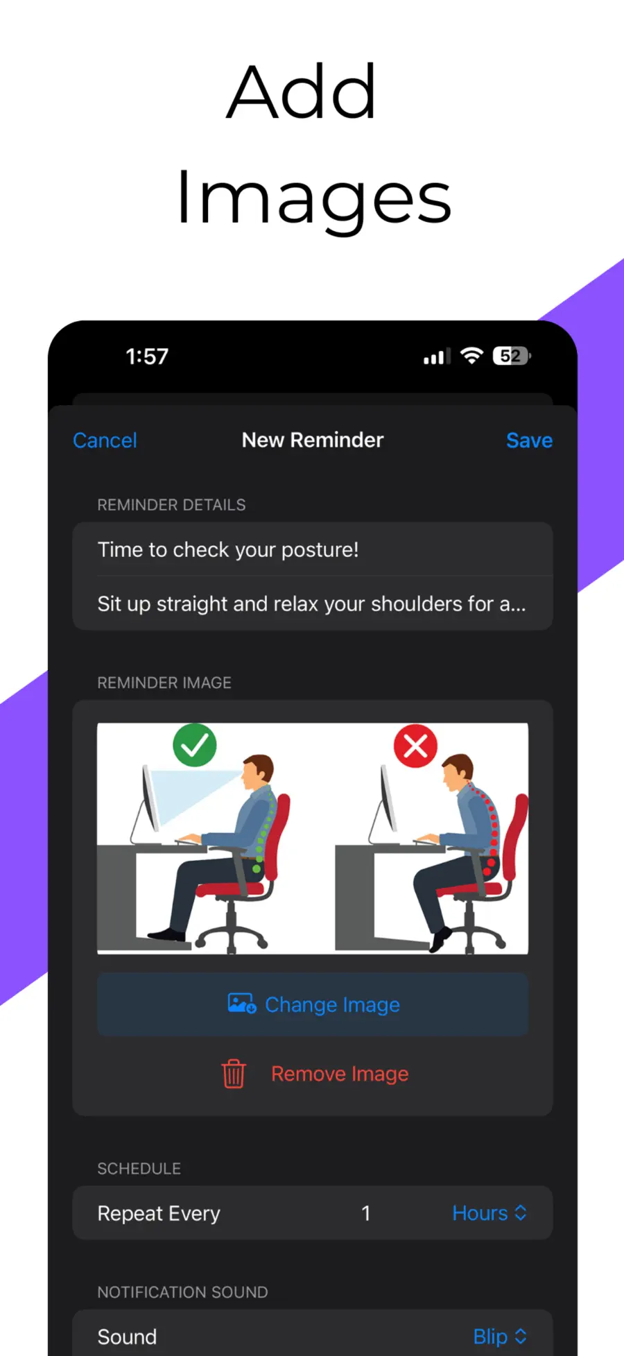 Remindly reminder editor with a posture image
