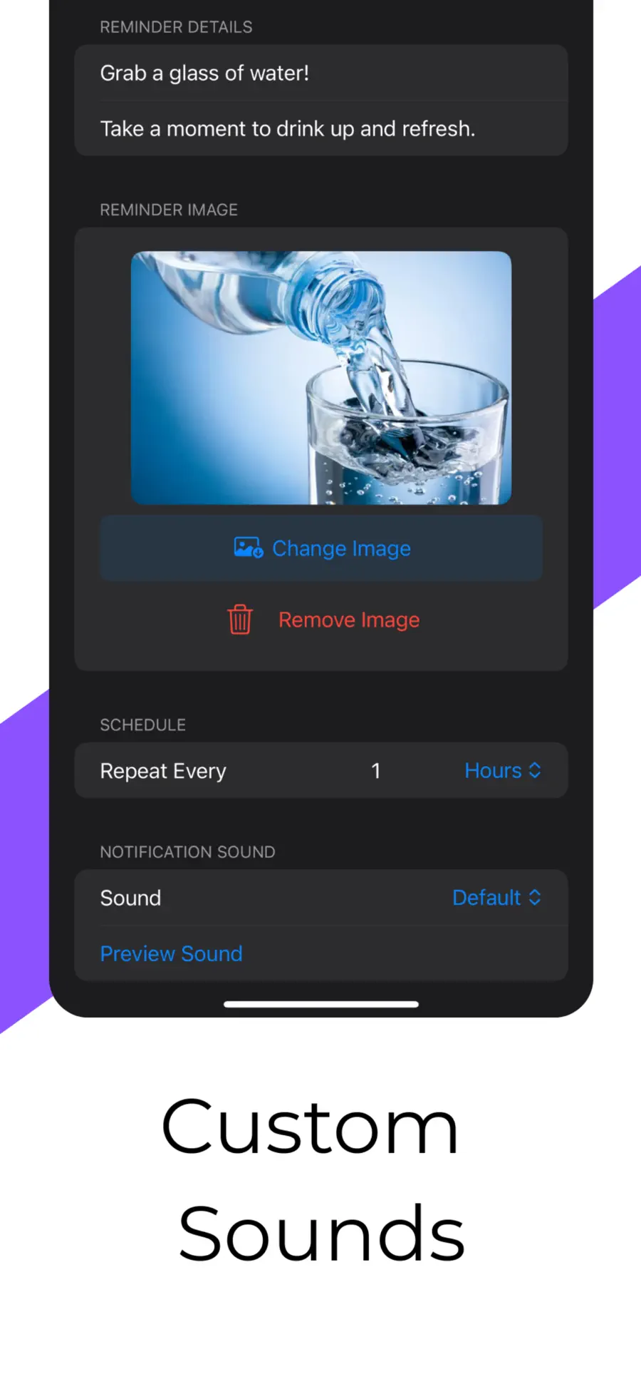 Remindly editor with Notification Sound and Preview Sound controls