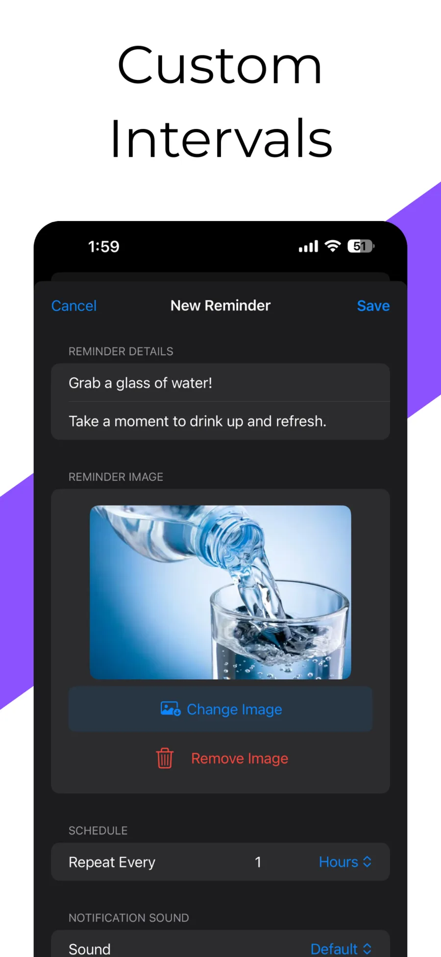 Remindly New Reminder editor showing Repeat Every and time-unit controls