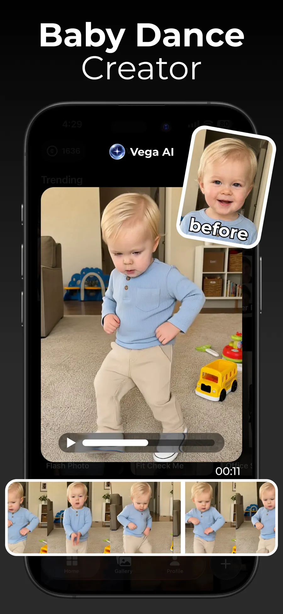 Vega AI baby dance template with a source photo and result