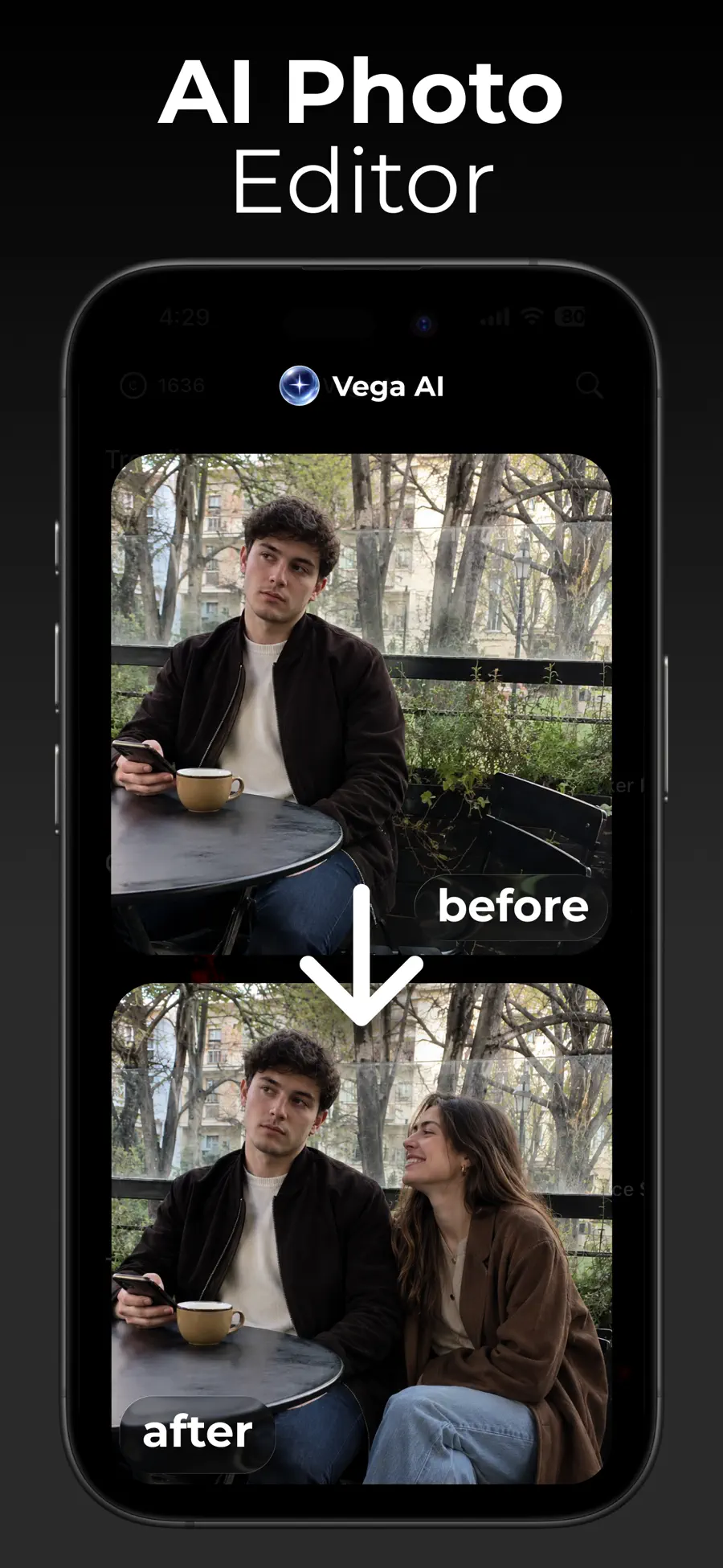 Vega AI photo editor with before-and-after portraits